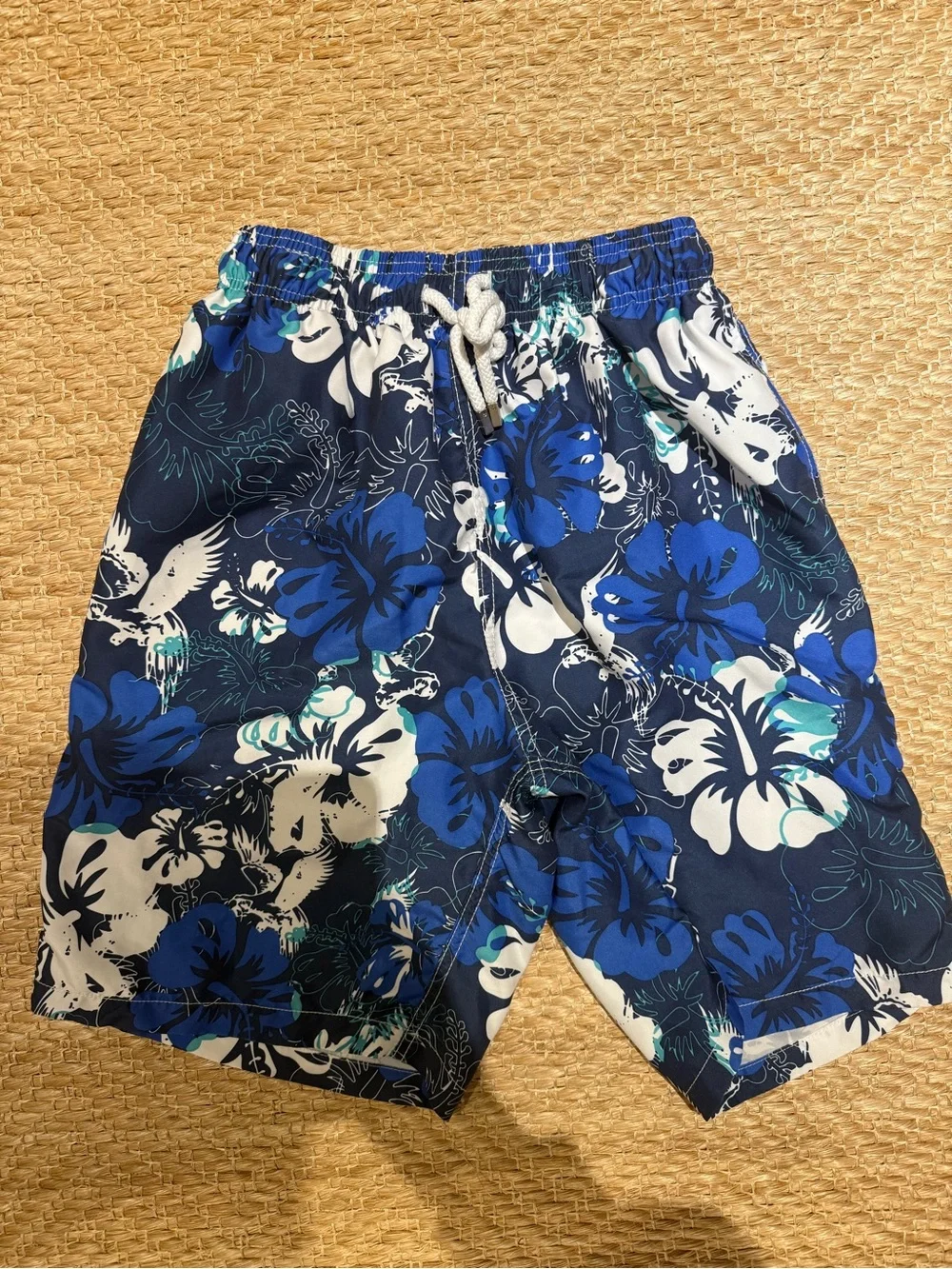 Men's Navy Blue Floral Swim Trunks with Drawstring Waist